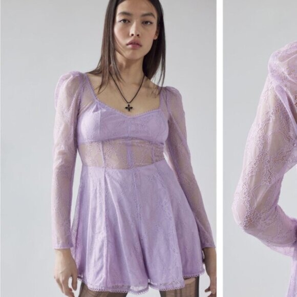 Urban Outfitters | Leah Lace Semi Sheer Romper New Medium Lilac Lavender Purple - Picture 3 of 10